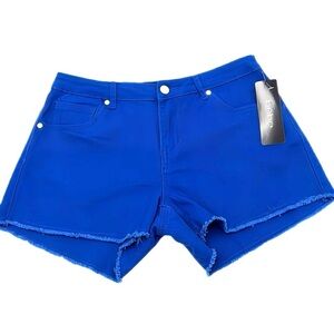 Bebe Electric Blue Rhinestone Bling Logo Denim Cutoff Shorts Raw Hem Womens 29